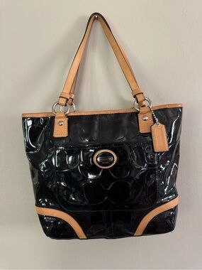Coach Peyton Black Patent Leather Tote with Tan Trim